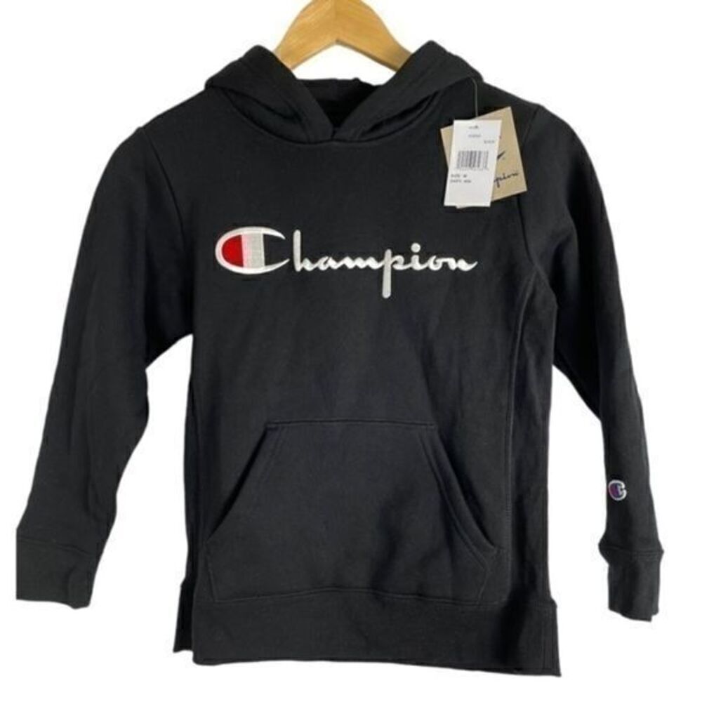 Champion Boys Vintage Script Embroidered Hoodie Black Medium NWT